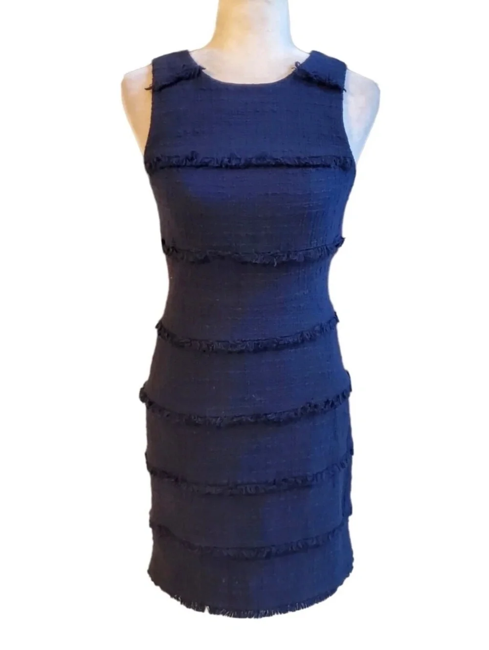 J. Crew Navy Blue Sleeveless Fringy Tweed Sheath Dress Sz 8